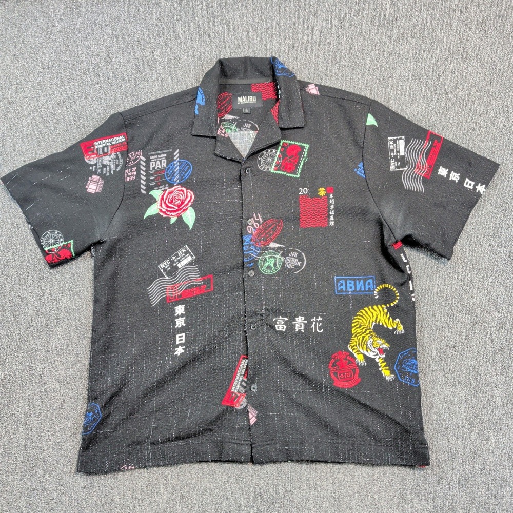 Malibu Japanese Tiger Passport Stamp Camp Collar Shirt L Black Streetwear Travel